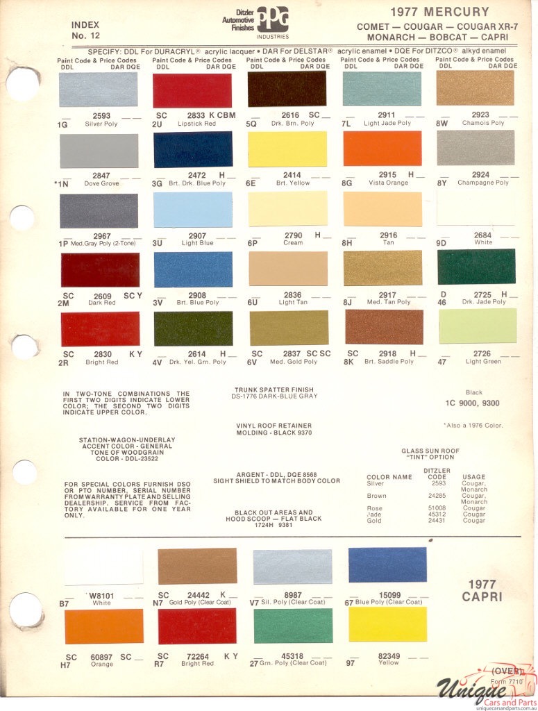 1977 Mercury Paint Charts Ford Paint Charts Capri PPG 1